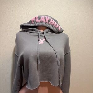 PLAYBOY Gray Cropped Hoodie with Pink Logo and Hood Lettering